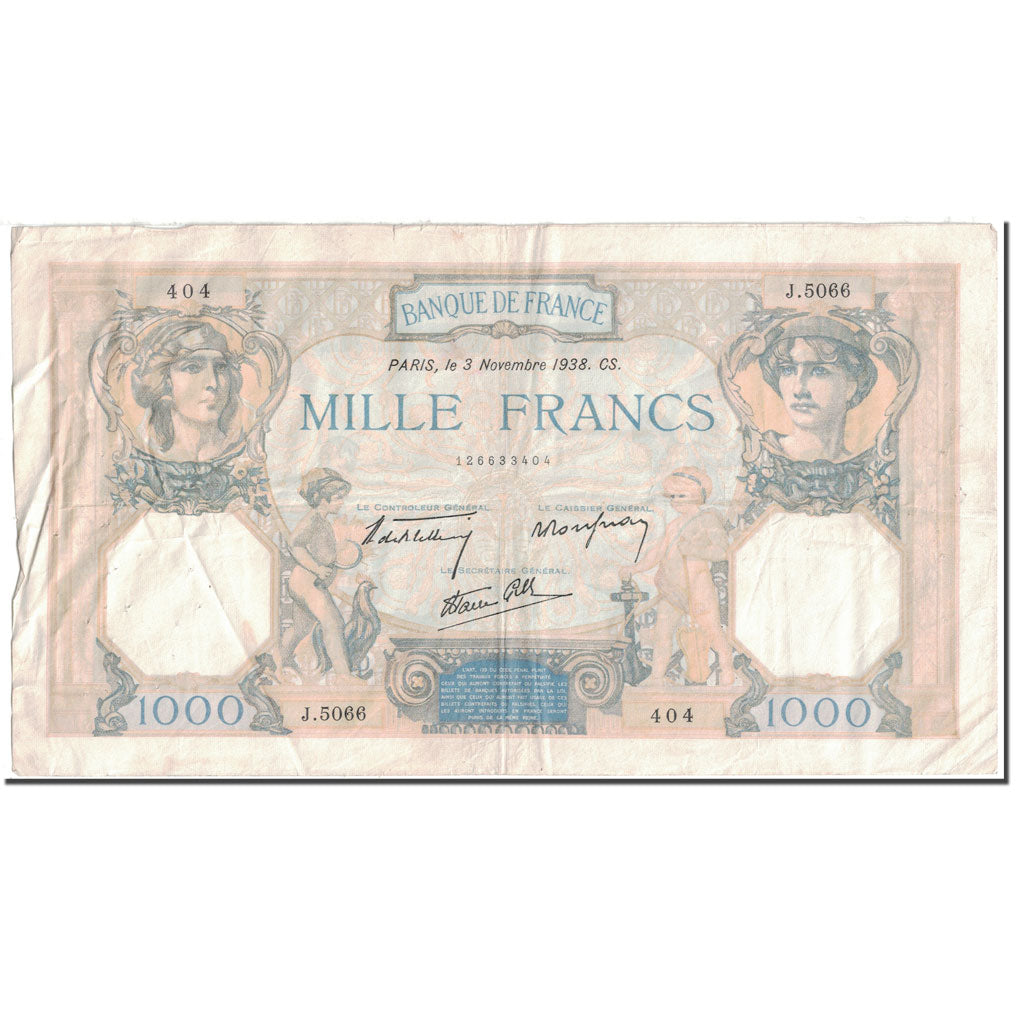 Frankreich, 1000 Francs, 1938, 1938-11-03, SS, Fayette:38.32, KM:90c