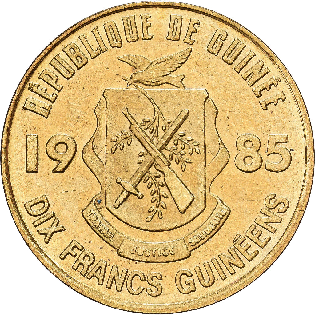 Guinea, 10 Francs, 1985, Latón recubierto de acero, SC, KM:52