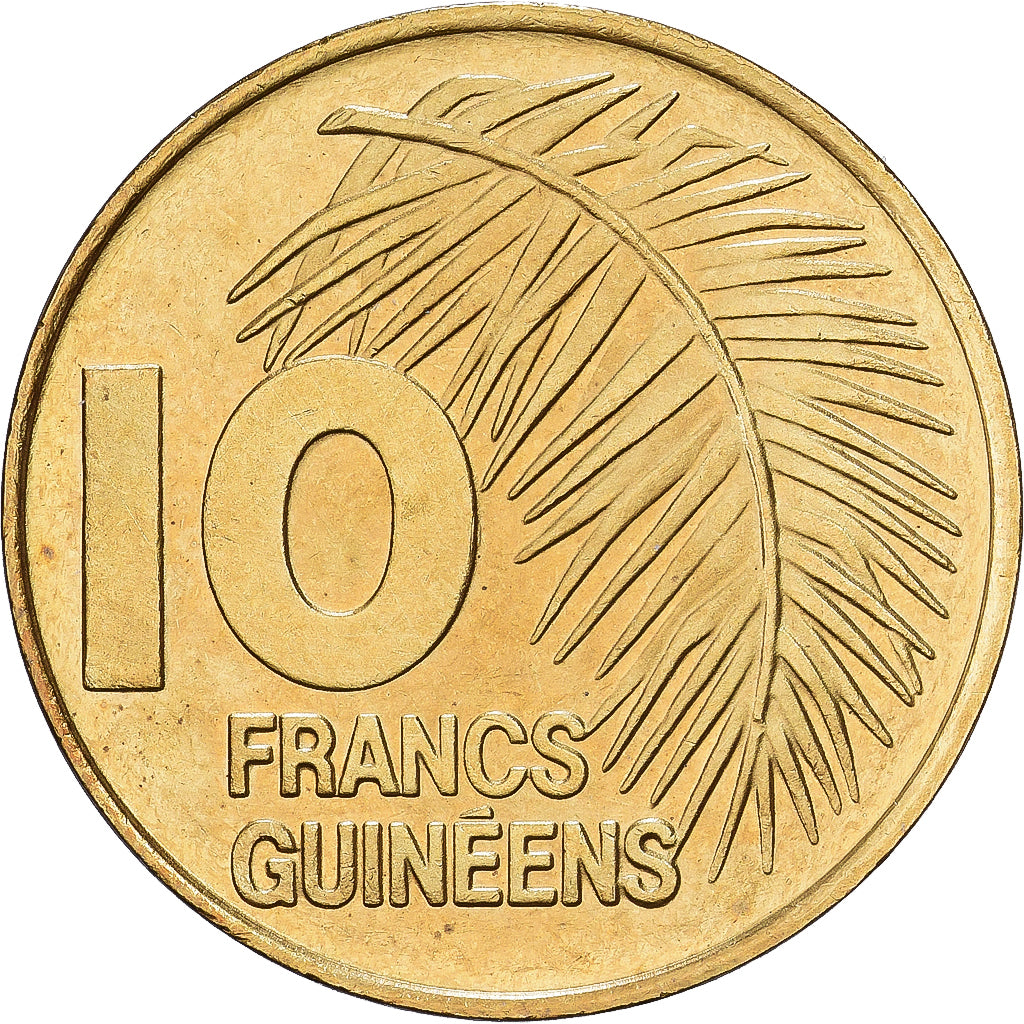 Guinea, 10 Francs, 1985, Latón recubierto de acero, SC, KM:52