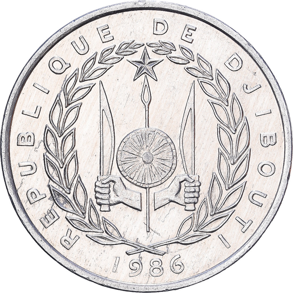 Djibouti, 5 Francs, 1986, Paris, Aluminum, EF(40-45), KM:22