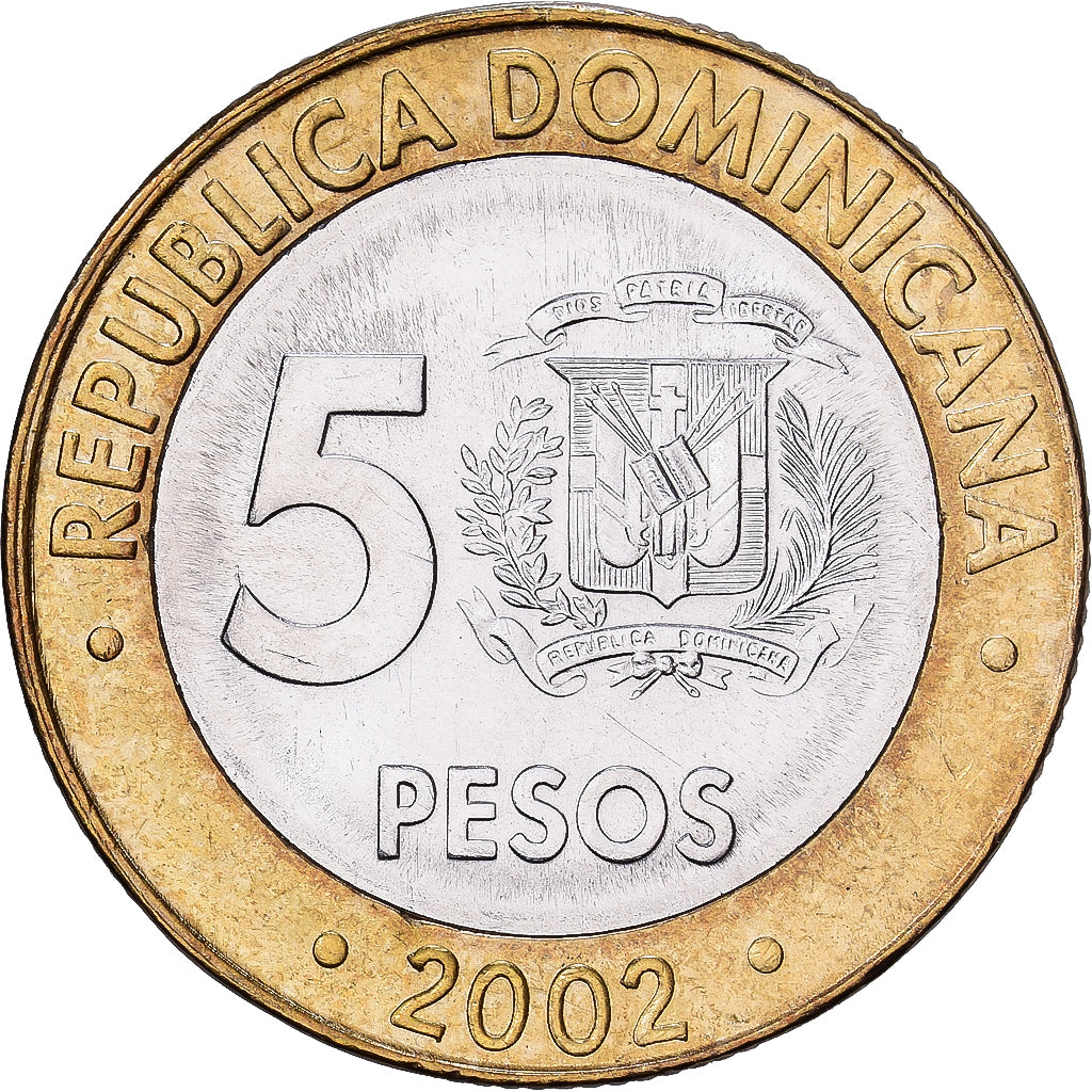 Repubblica domenicana, 5 Pesos, 2002, Bi-metallico, SPL, KM:89