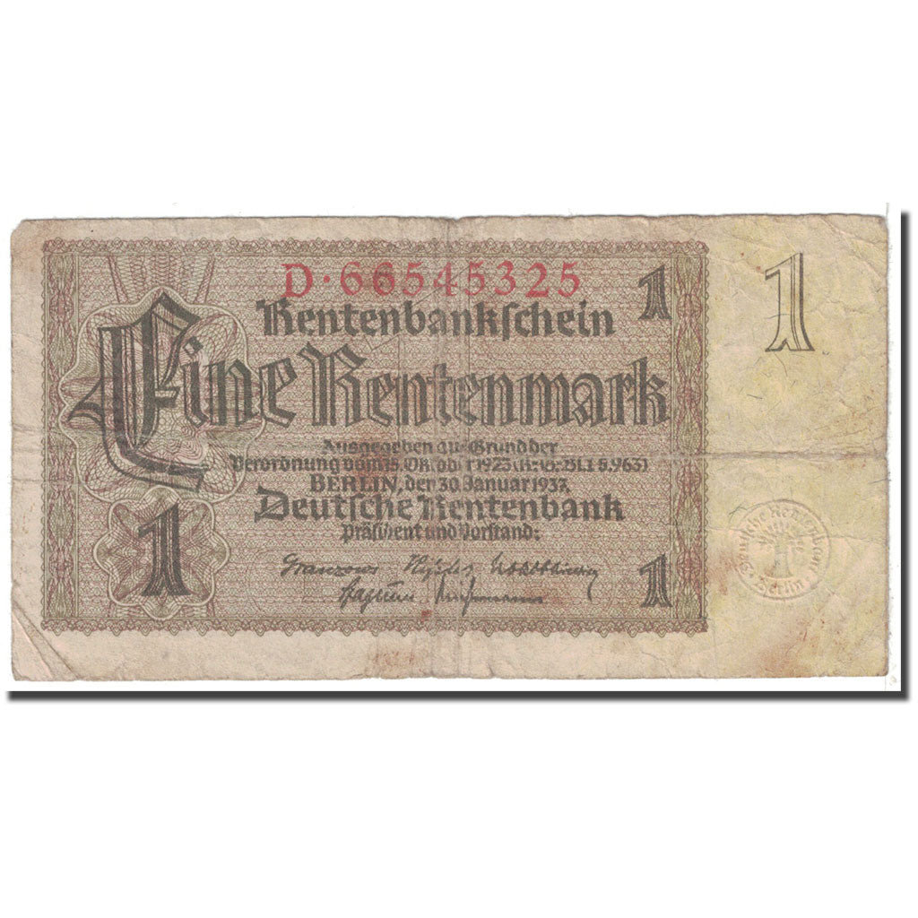 Banknot, Niemcy, 1 Rentenmark, 1937, 1937-01-30, KM:173b, VG(8-10)
