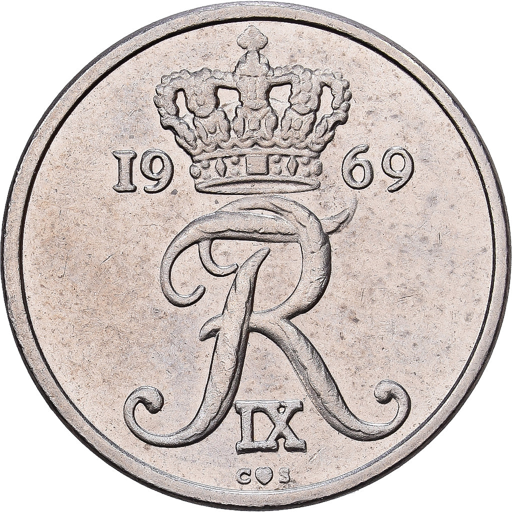 Danimarca, Frederik IX, 10 Öre, 1969, Copenhagen, Rame-nichel, BB, KM:849.1