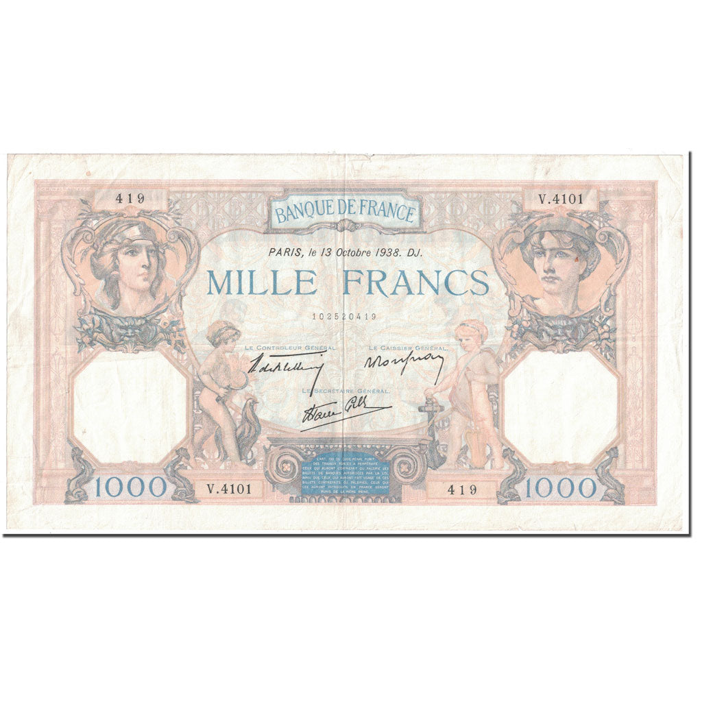 France, 1000 Francs, 1938, 1938-10-13, EF(40-45), Fayette:38.29, KM:90c