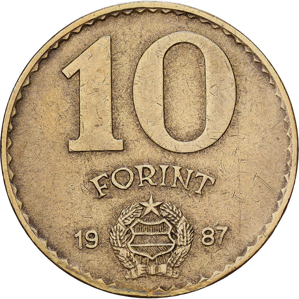 Hungría, 10 Forint, 1987, Aluminio - bronce, MBC, KM:636