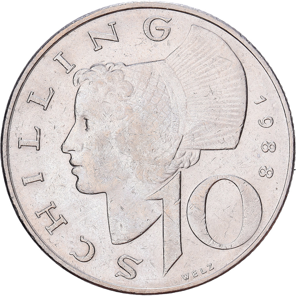 Austria, 10 Schilling, 1988, Copper-Nickel Plated Nickel, AU(50-53), KM:2918