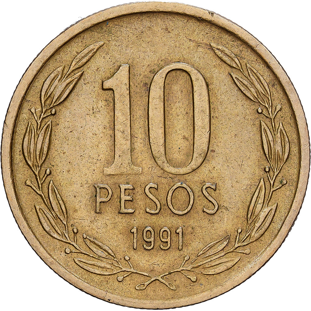 Chile, 10 Pesos, 1991, Santiago, Alumínio-Bronze, EF(40-45), KM:228.2
