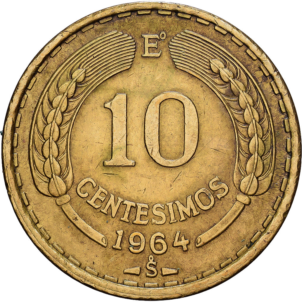 Chile, 10 Centesimos, 1964, Aluminium-Brąz, EF(40-45), KM:191