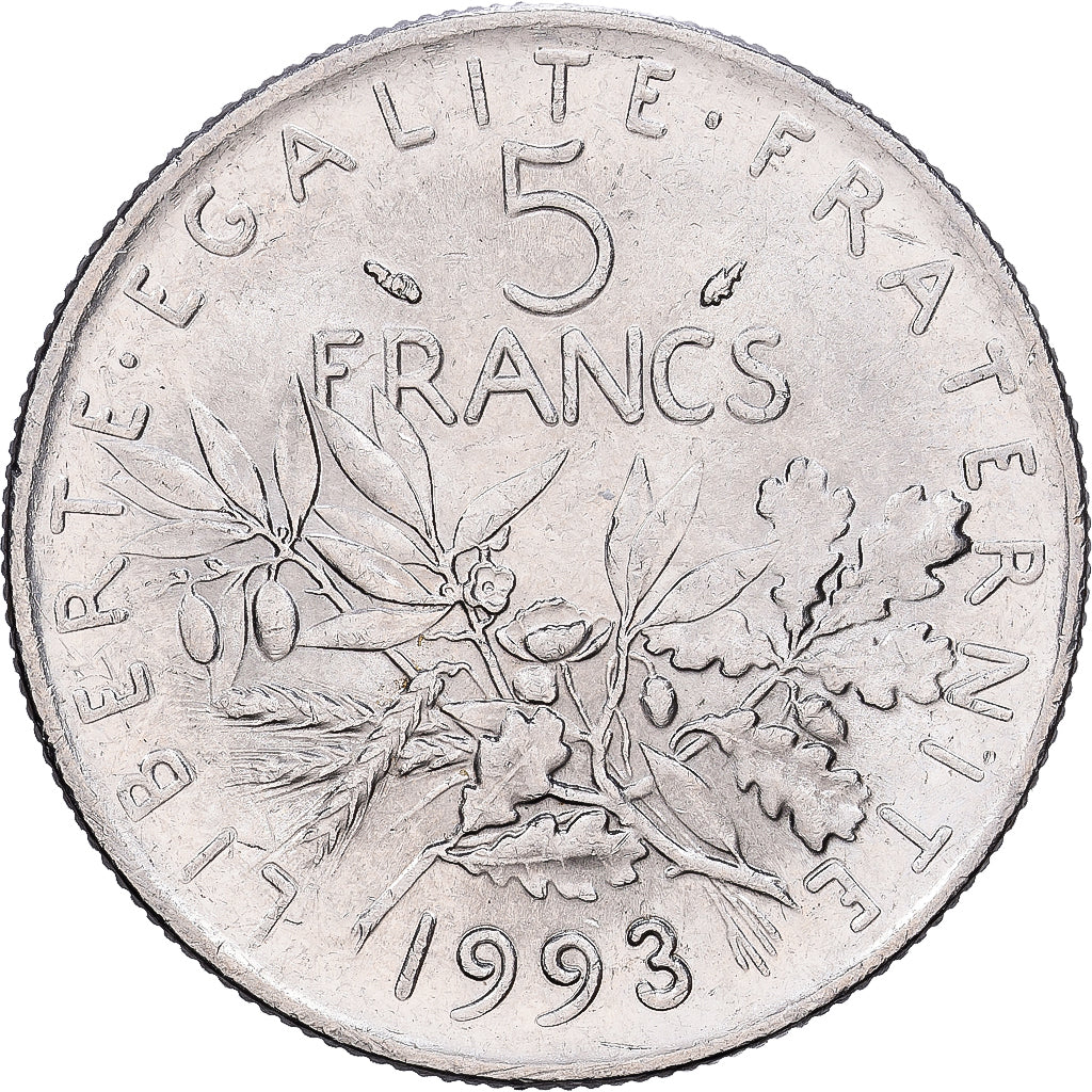 France, 5 Francs, Semeuse, 1993, Paris, Nickel Clad Copper-Nickel, EF(40-45)