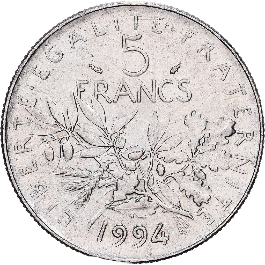 France, 5 Francs, Semeuse, 1994, Paris, Nickel Clad Copper-Nickel, AU(55-58)