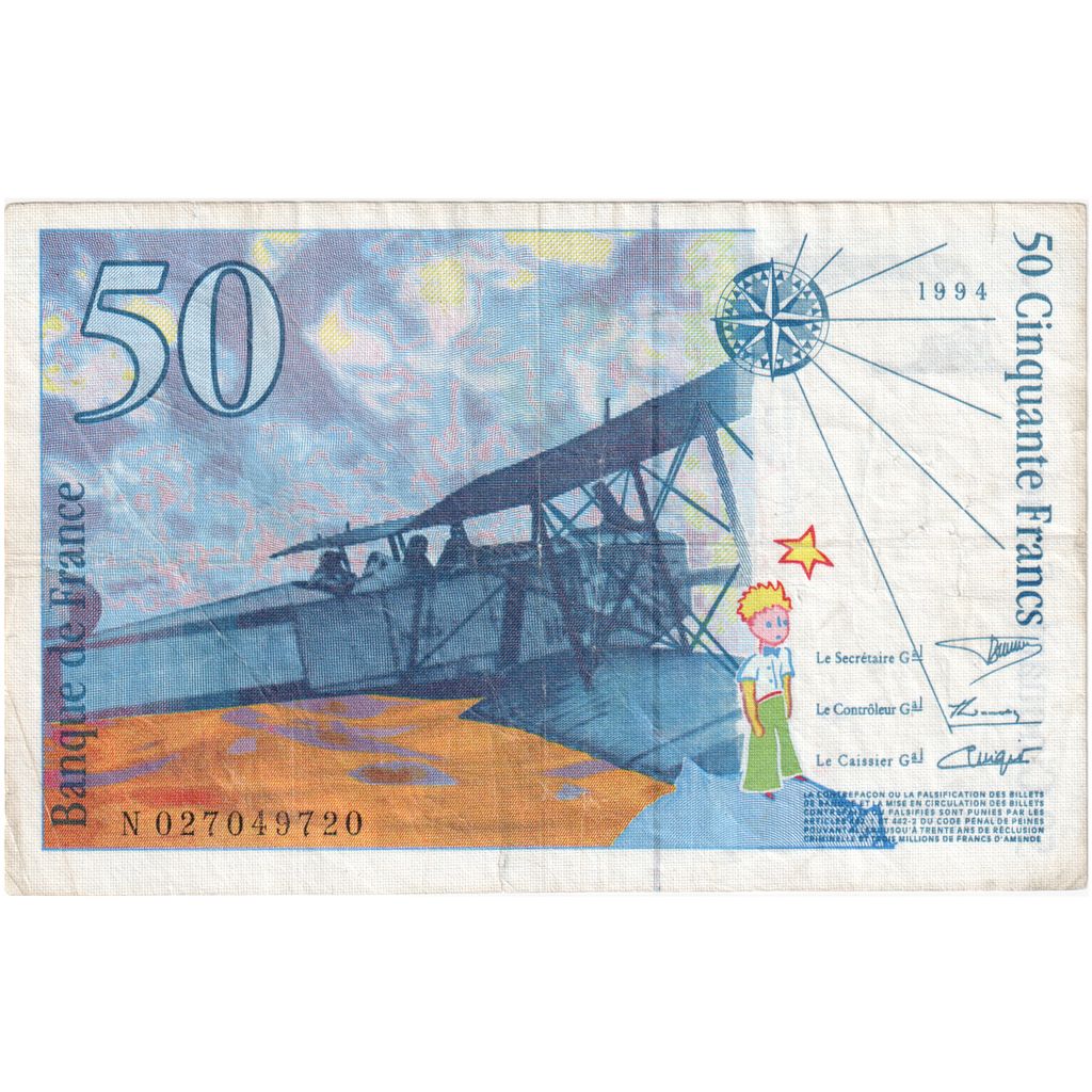 Francia, 50 Francs, St Exupéry, 1994, N027049720, MB+, Fayette:73.1d, KM:157Aa