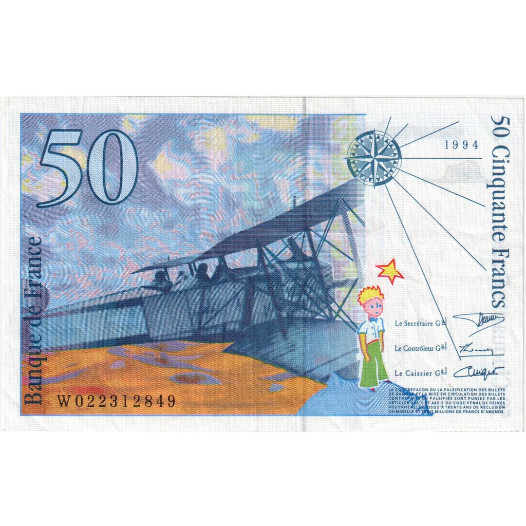 França, 50 Francs, St Exupéry, 1994, W022312849, AU(50-53), Fayette:73.1d