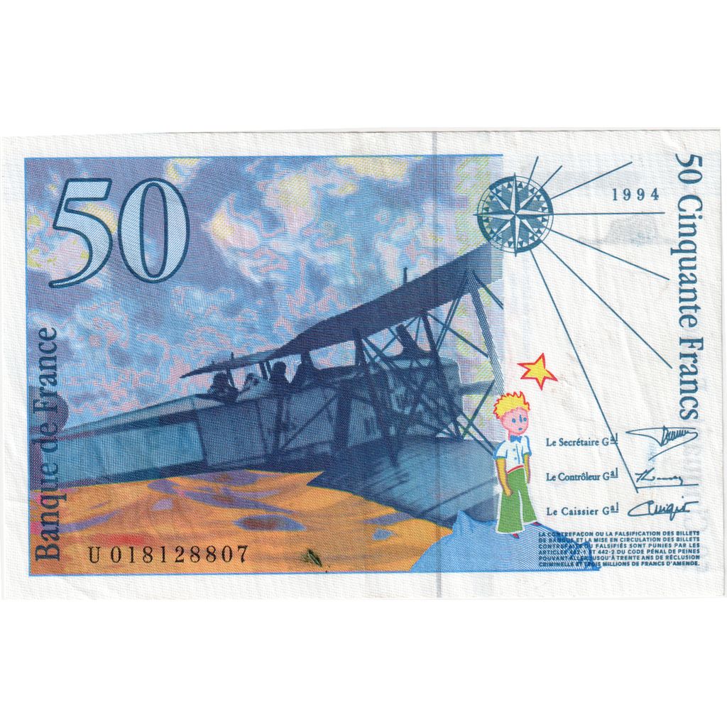 França, 50 Francs, St Exupéry, U018128807, AU(50-53)