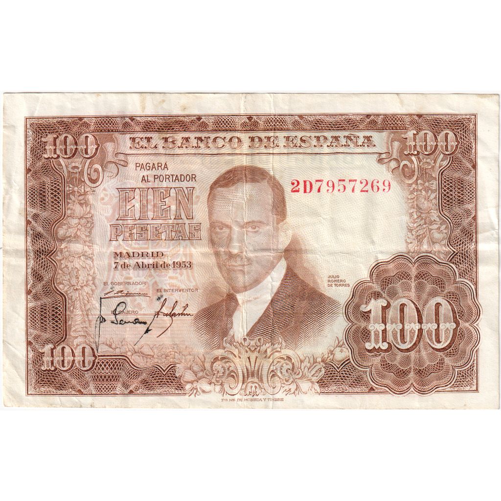 Spain, 100 Pesetas, 1953-04-07, EF(40-45)