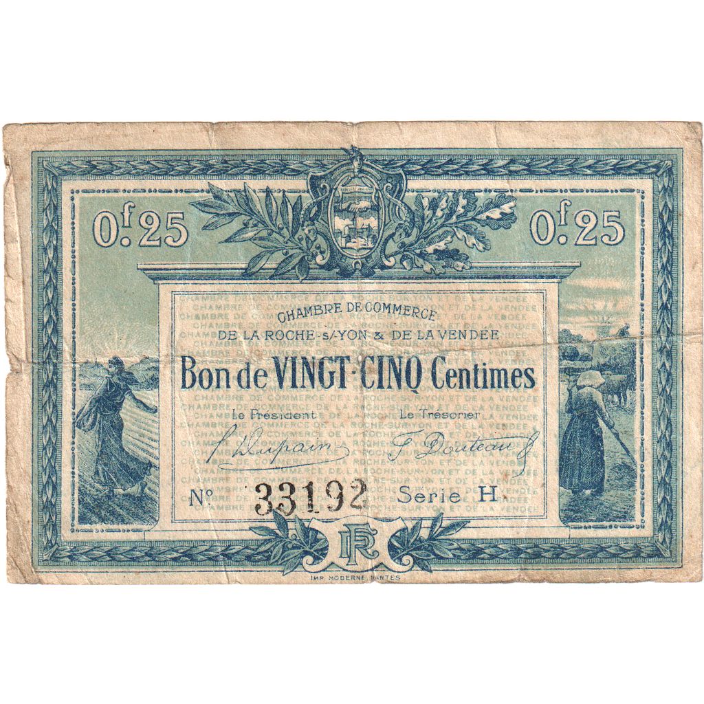 Francia, La Roche S/- Yon & De la Vendée, 25 Centimes, 33192/H, BB, Pirot:65-26