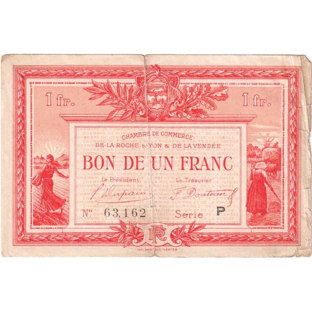 France, 1 Franc, ROCHE SUR YON/VENDEE, 63,162/P, Chambre de Commerce, VF(20-25)
