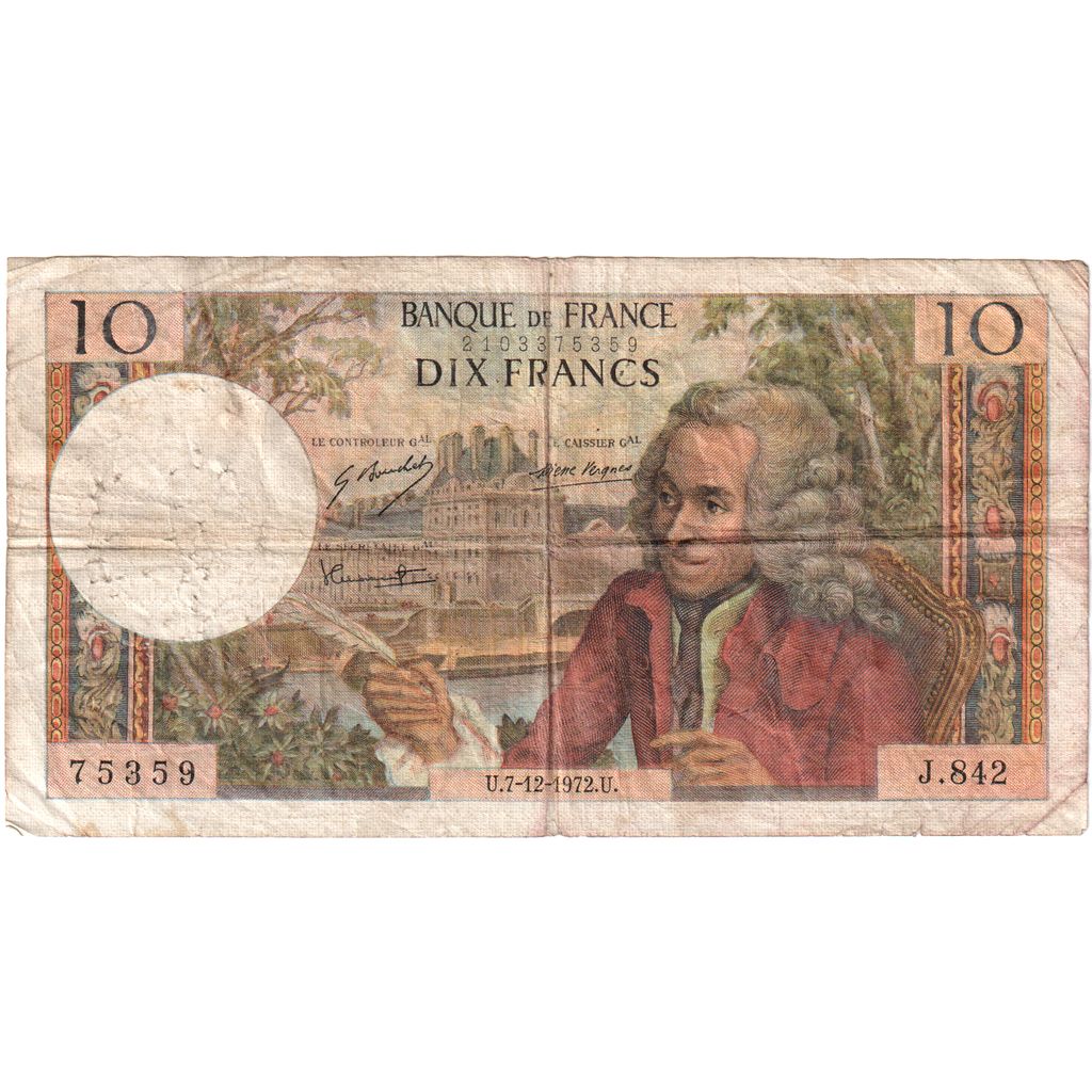 France, 10 Francs, Voltaire, 1972-12-07, J.842, VF(20-25)