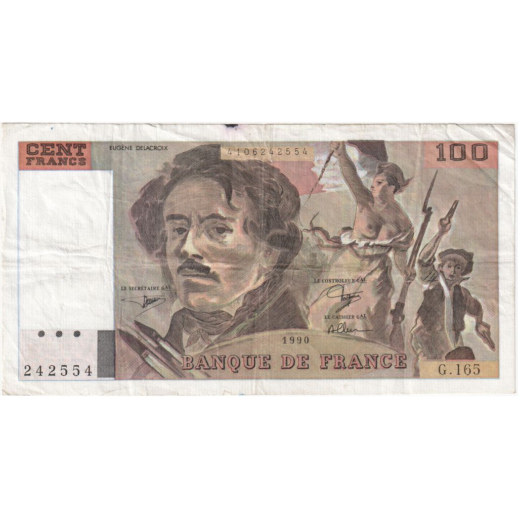 France, 100 Francs, Delacroix, 1990, G.165, EF(40-45)