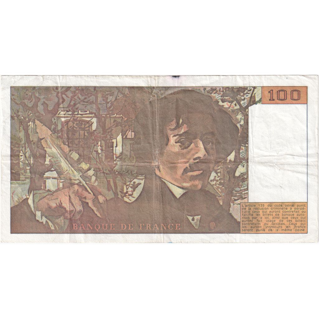 France, 100 Francs, Delacroix, 1990, G.165, EF(40-45)