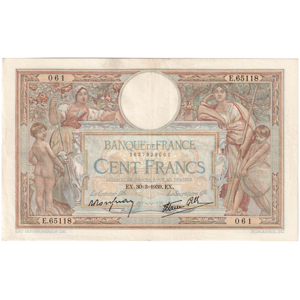 France, 100 Francs, Luc Olivier Merson, 1939-03-30, E.65118, AU(50-53)