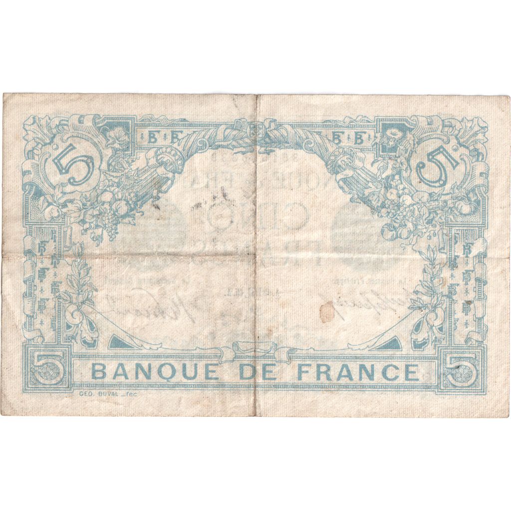 França, 5 Francs, Bleu, 10-1916, R.14461, VF(20-25)