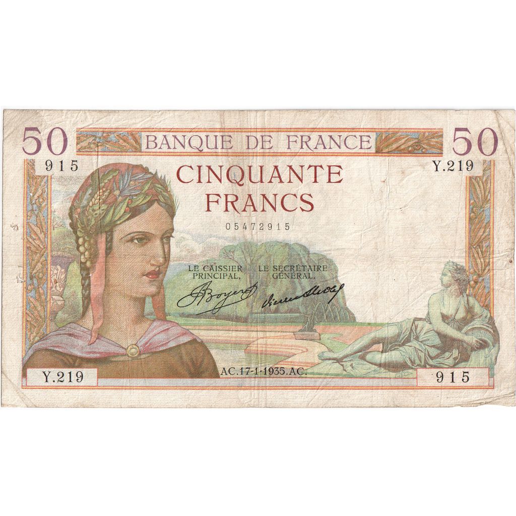 France, 50 Francs, Cérès, 1935-01-17, Y.219, TB+