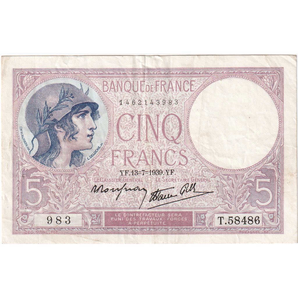 Frankrijk, 5 Francs, Violet, 1939-07-13, T.58486, TTB+