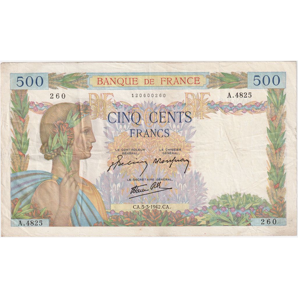 France, 500 Francs, La Paix, 1942-03-05, A.4825, EF(40-45)