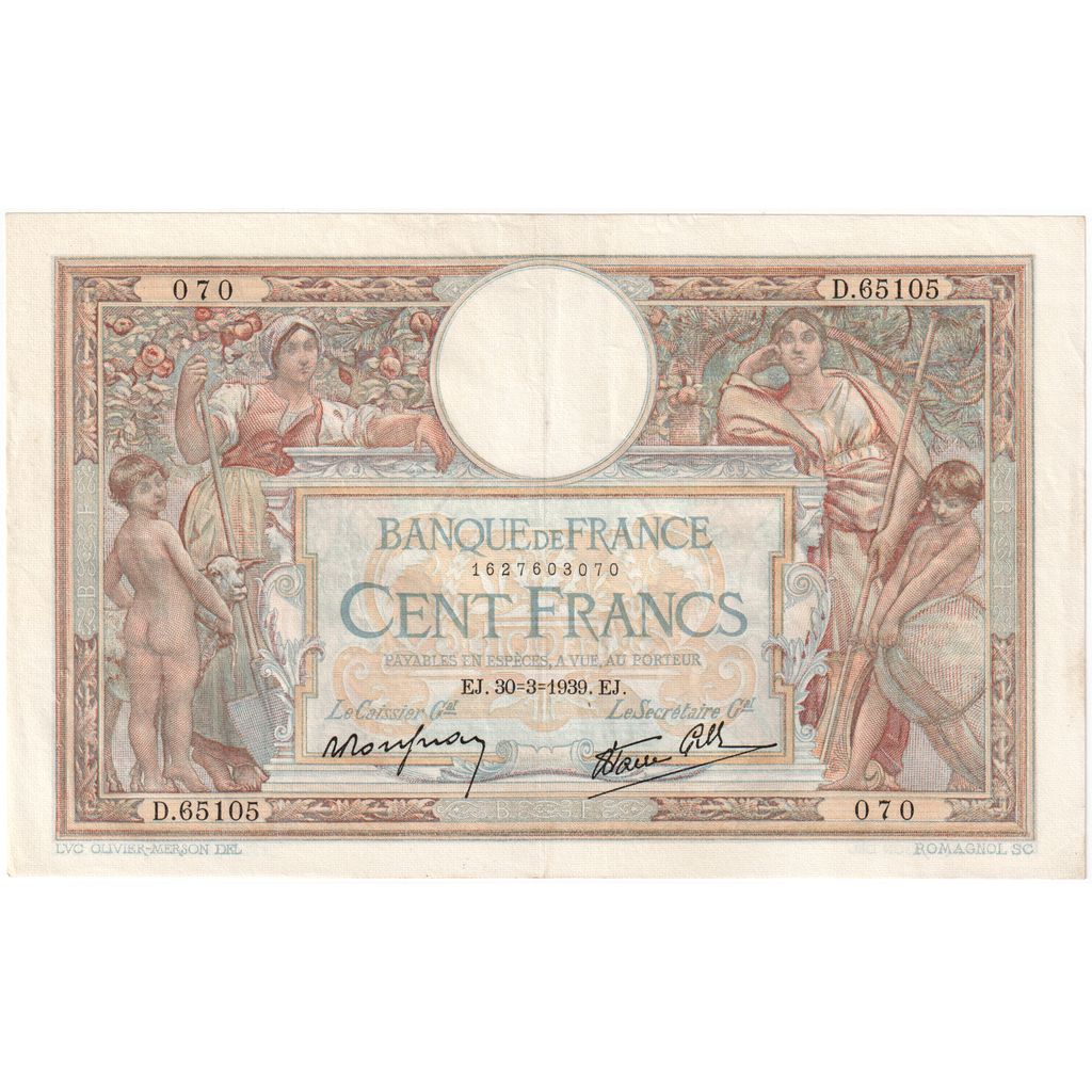 France, 100 Francs, Luc Olivier Merson, 1939-03-30, D.65105, AU(55-58)