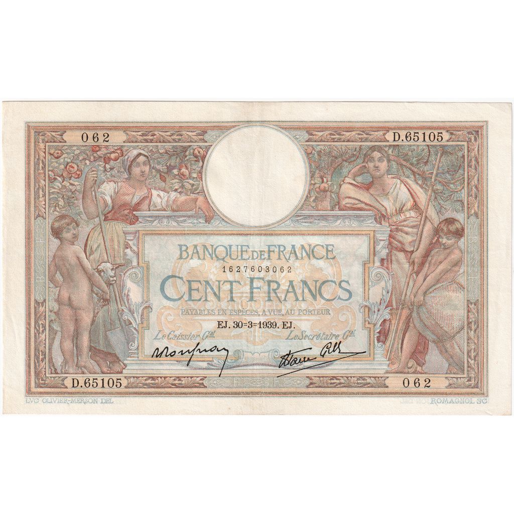 França, 100 Francs, Luc Olivier Merson, 1939-03-30, D.65105, AU(55-58)