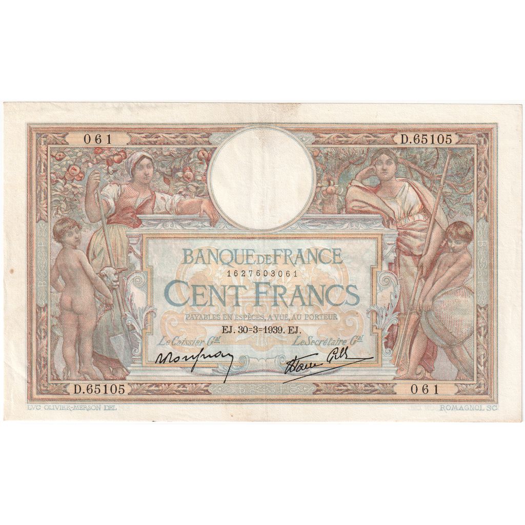 France, 100 Francs, Luc Olivier Merson, 1939-03-30, D.65105, AU(50-53)