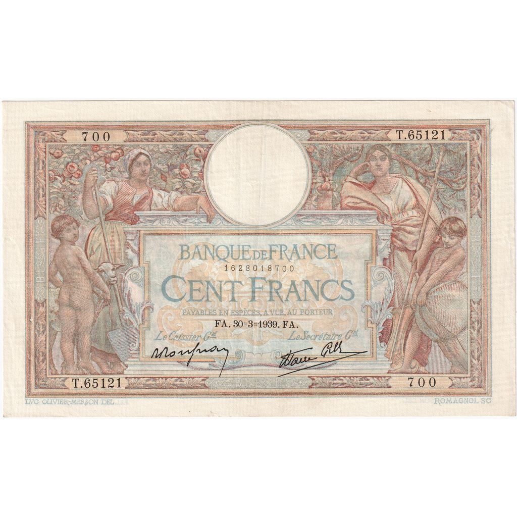 Francja, 100 Francs, Luc Olivier Merson, 1939-03-30, T.65121, AU(50-53)
