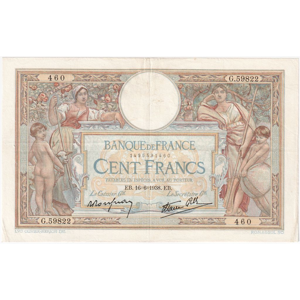 France, 100 Francs, Luc Olivier Merson, 1938-06-16, G.59822, EF(40-45)