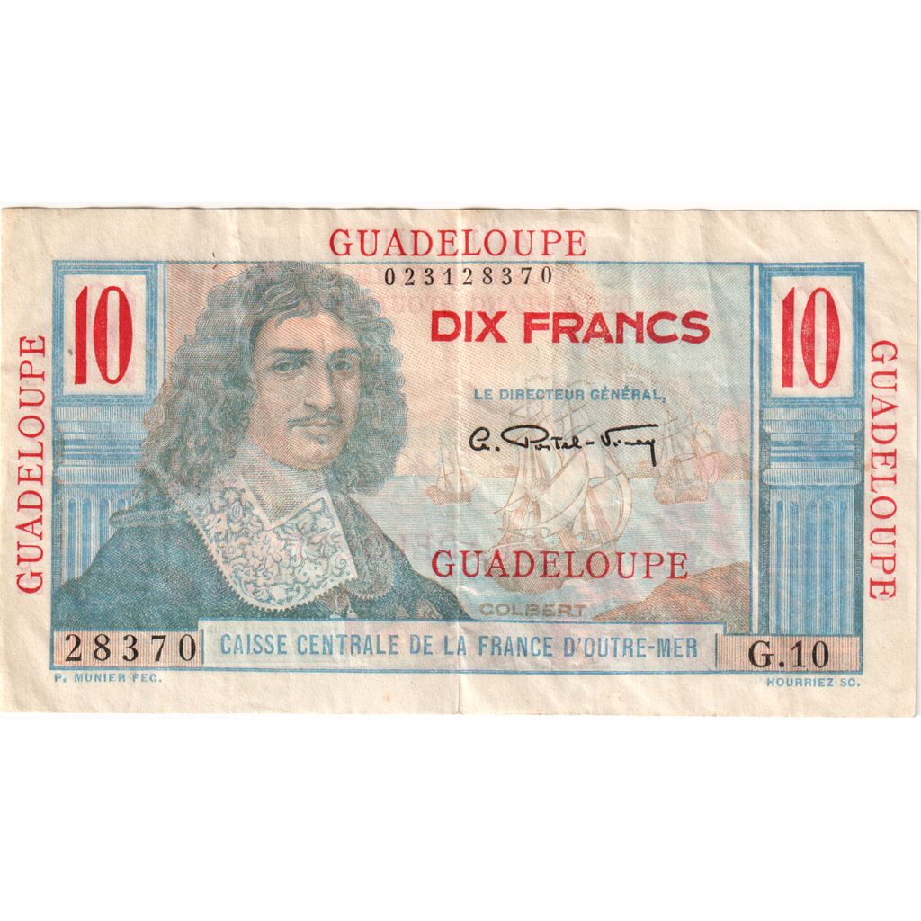 Guadeloupe, 10 Francs, 28370, G.10, VF(30-35)