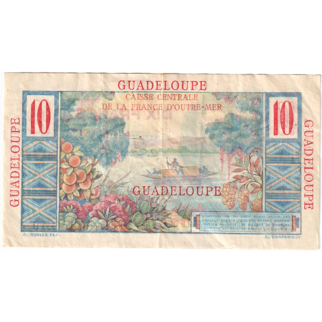Guadeloupe, 10 Francs, 28370, G.10, VF(30-35)