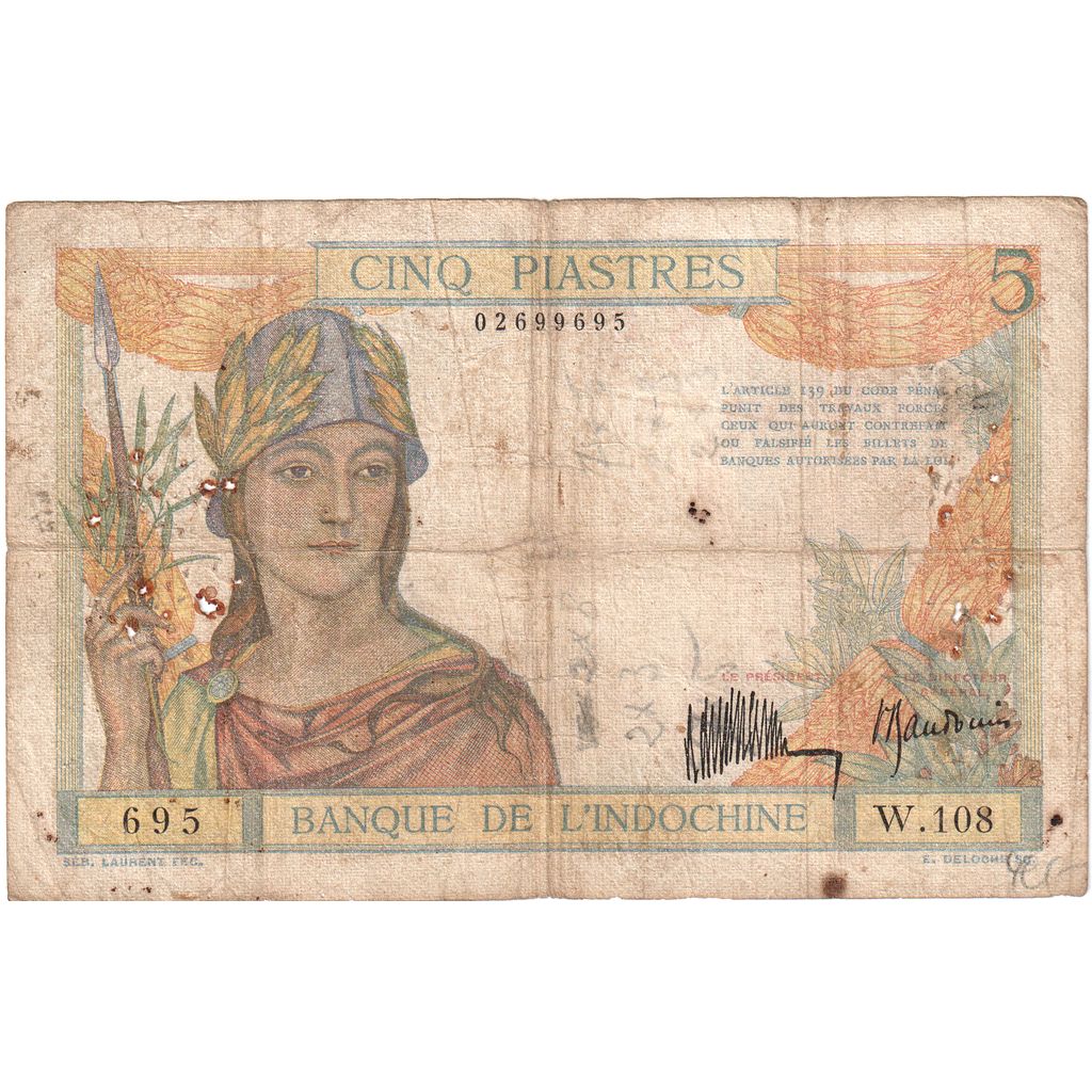 FRENCH INDO-CHINA, 5 Piastres, VF(20-25)