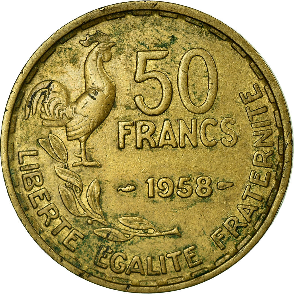 Moneda, Francia, Guiraud, 50 Francs, 1958, Paris, MBC, Aluminio - bronce