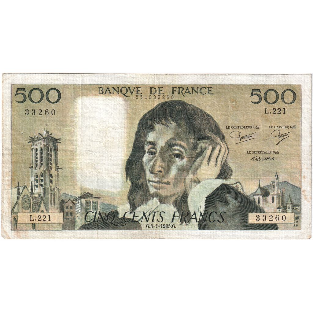 Francia, 500 Francs, Pascal, 1985-01-03, L.221, MB+