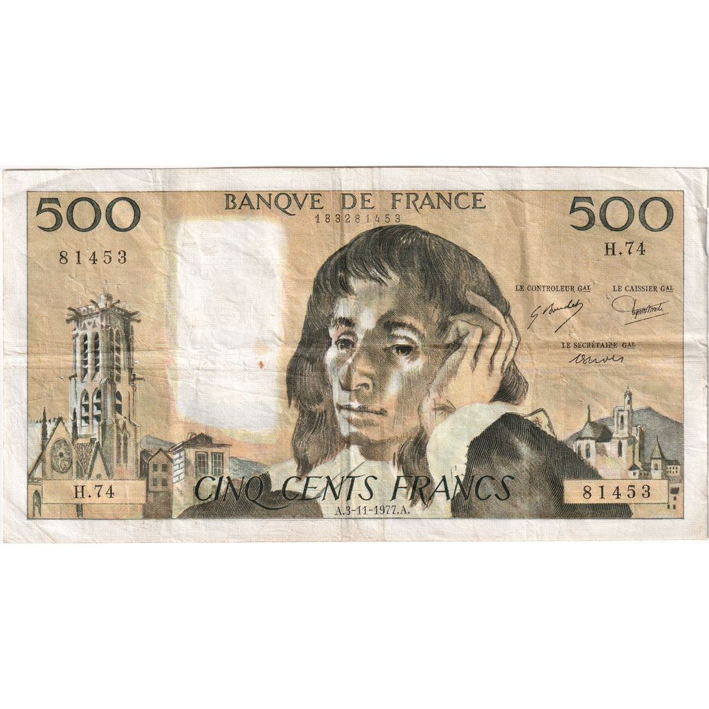 França, 500 Francs, Pascal, 1977-11-03, H.74, VF(30-35)
