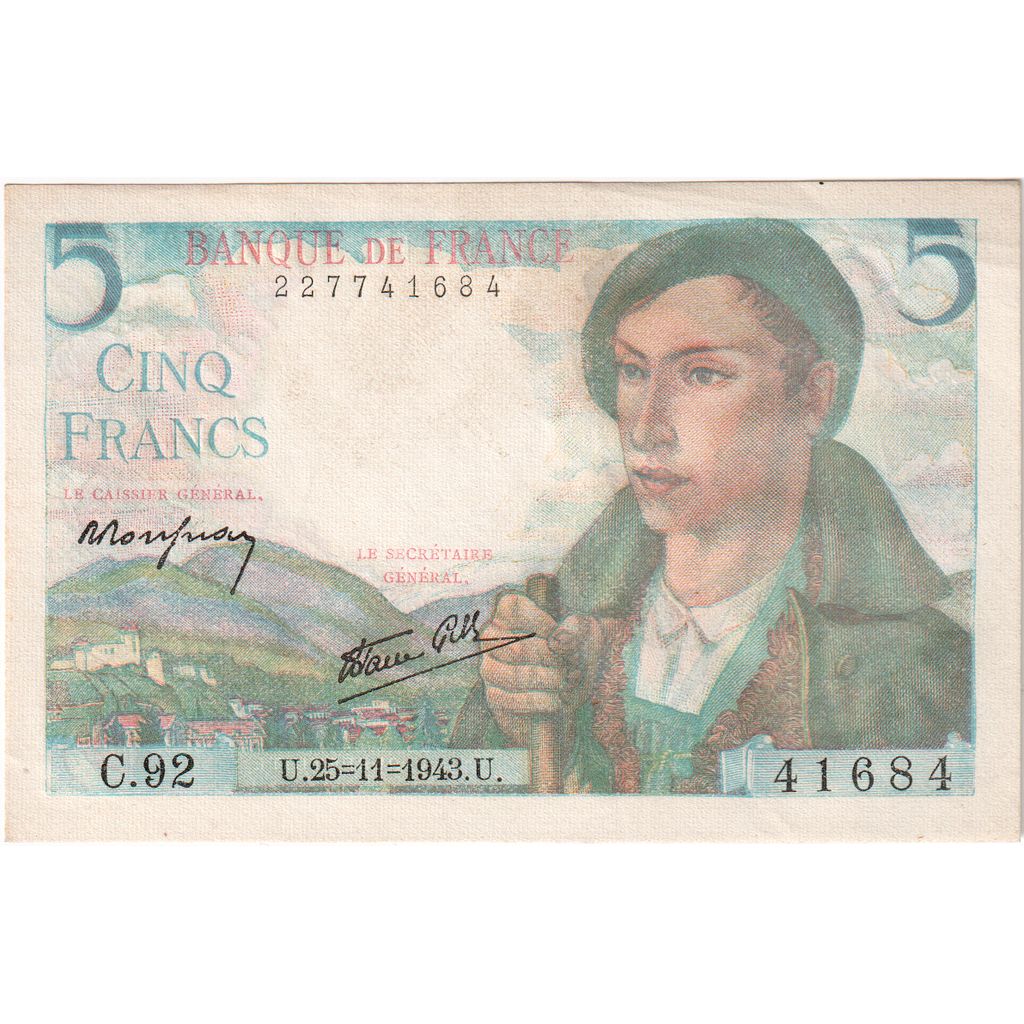 Frankrijk, 5 Francs, Berger, 1943-11-25, C.92, TTB+