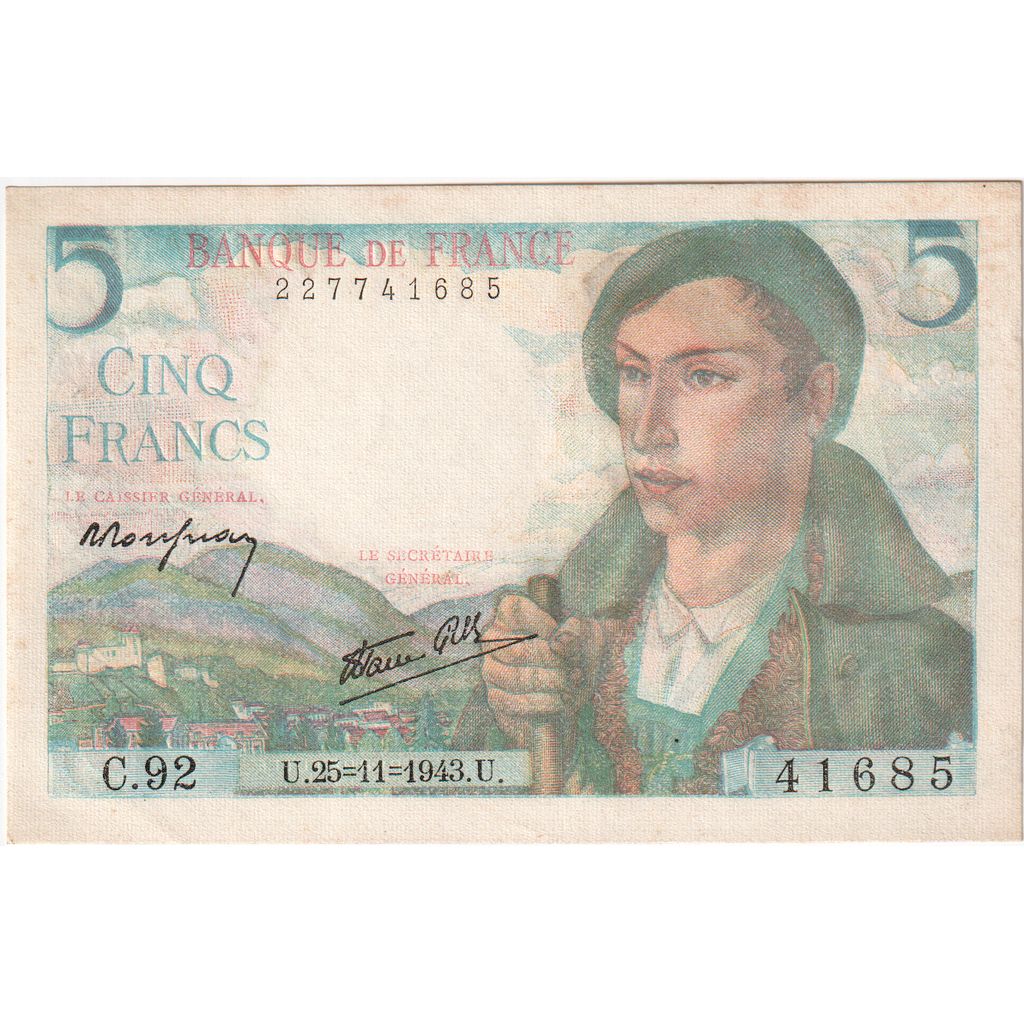 Frankrijk, 5 Francs, Berger, 1943-11-25, C.92, TTB+