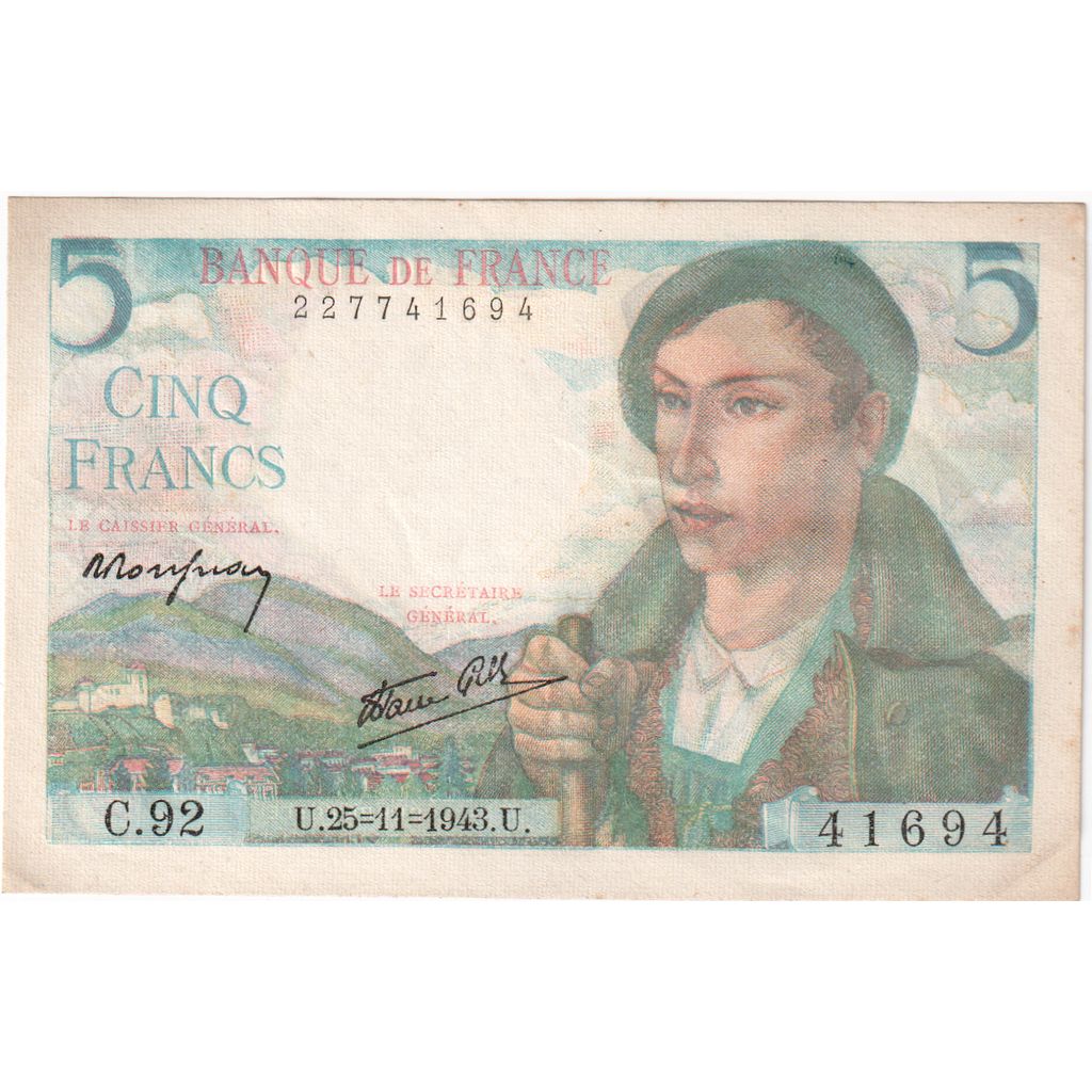 France, 5 Francs, Berger, 1943-11-25, C.92, AU(50-53)