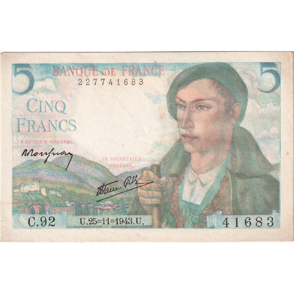 France, 5 Francs, Berger, 1943-11-25, C.92, AU(50-53)