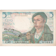 France, 5 Francs, Berger, 1943-11-25, C.92, AU(50-53)