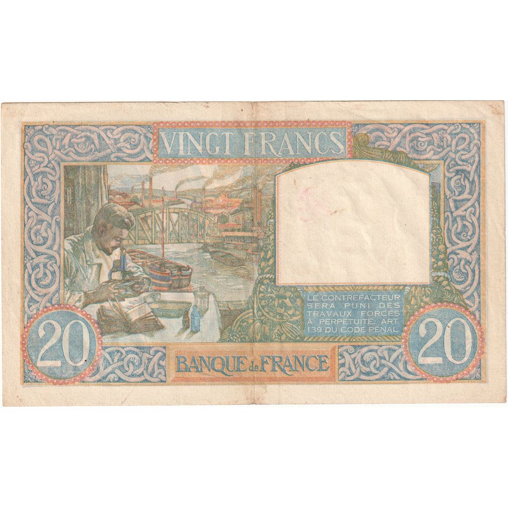 France, 20 Francs, Science et Travail, 1940-08-22, C.995, EF(40-45)