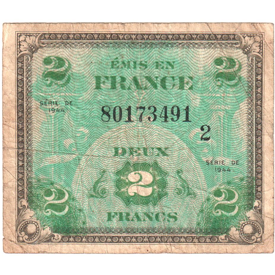 France, 2 Francs, Flag/France, Undated (1944), 80173491, VF(30-35)