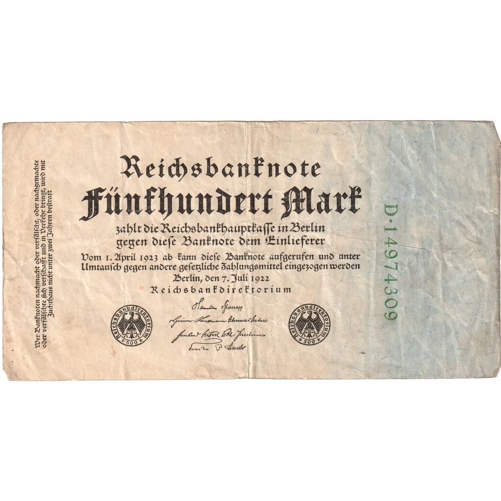 Niemcy, 500 Mark, 1922-07-07, VF(20-25)