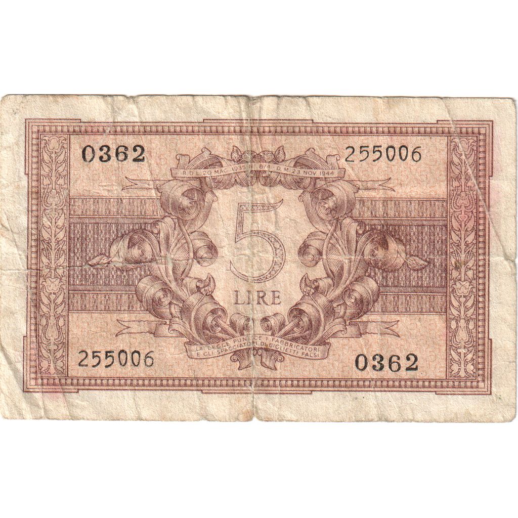 Italie, 5 Lire, 1944-11-23, TB