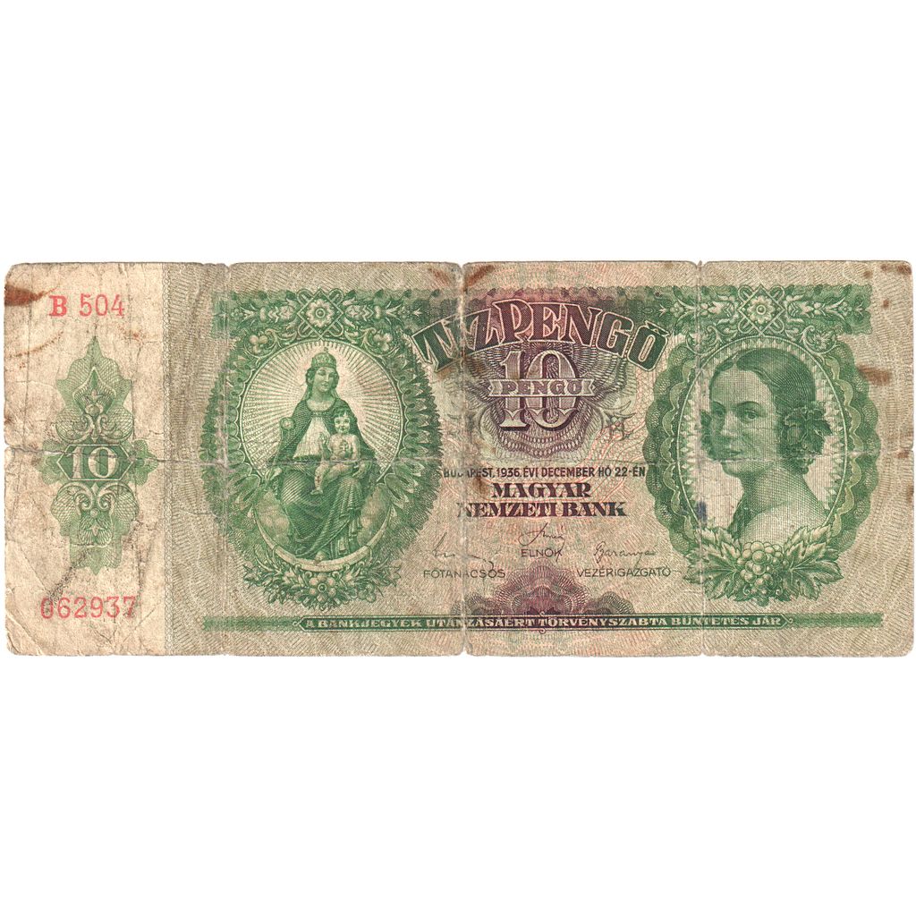 Węgry, 10 Pengö, 1936-12-22, VG(8-10)
