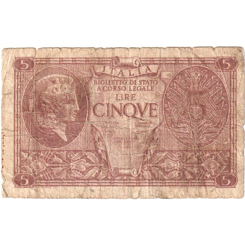 Itália, 5 Lire, 1944-11-23, VF(20-25)